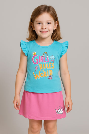 Girls Rule the World” Blue Frill Sleeve Top with Pink Skirt – 2-Piece Empowerment Outfit