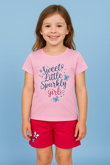 Sweet Little Sparkly Girl Cotton Nightwear Set – Pink & Red