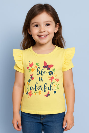Girls Yellow “Life is Colorful” Floral Butterfly Print T-Shirt – Cotton Tee with Frill Sleeves