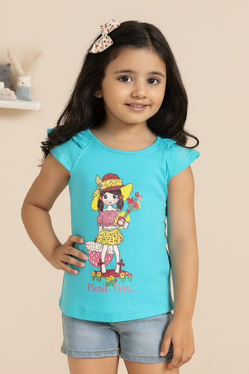Girls Blue "Picnic Time" Cartoon Print Sleeveless Top – Cute Cotton Summer Wear