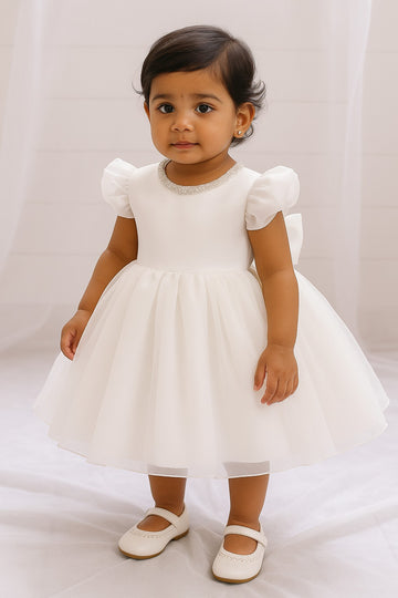 Elegant White Baby Gown with Pearl Neckline