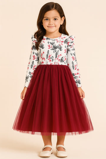 Elegant Floral Top and Burgundy Tulle Skirt Dress for Girls
