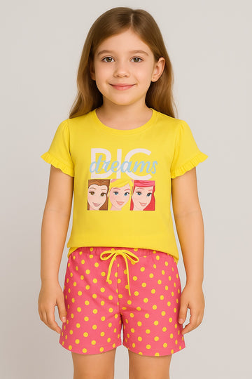 Girls Yellow Disney Princess “Big Dreams” T-Shirt with Pink Polka Dot Shorts – Official Summer Set