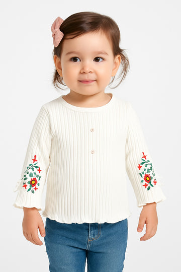 Girls’ White Ribbed Cotton Knit Top | Floral Embroidered Full Sleeve T-Shirt
