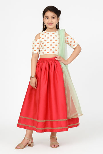 Ivory and Red Cold Shoulder Lehenga Set