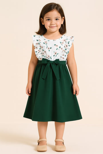 FElegant Green & White Floral Print Girls Dress – Sleeveless Ruffle Shoulder A-Line Frock