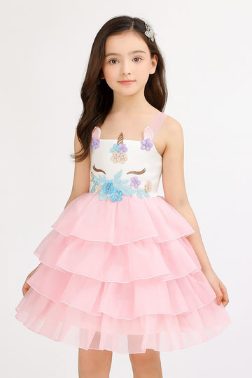 Cute Pink Layered Unicorn Party Wear Dress