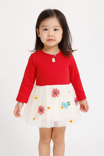 Girls’ Red & White Floral Party Dress | Full Sleeves with Embroidered Tulle Skirt
