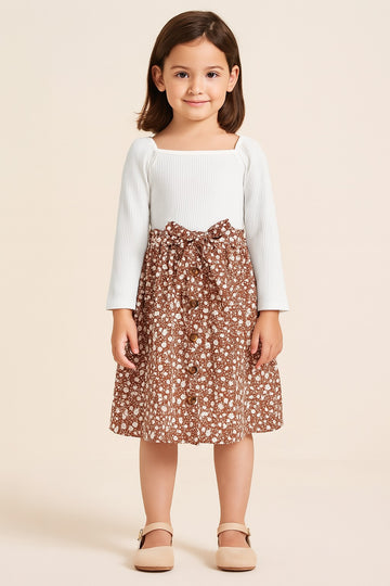 Chic Autumn Blossom – Floral Button-Down Dress with White Ribbed Top