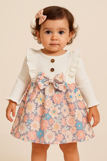 Floral Fantasy Baby Girl Dress – White Ribbed Long Sleeve Top with Frill Detail & Multicolor Dress