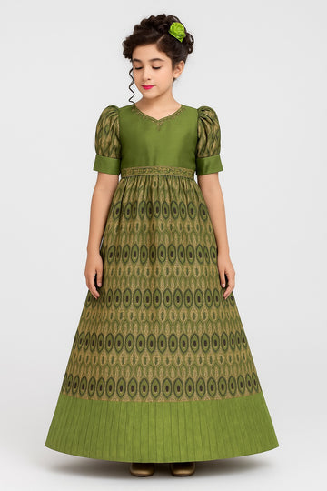 Royal Green Brocade Gown for Girls with Puff Sleeves, Zari Embroidery Gown