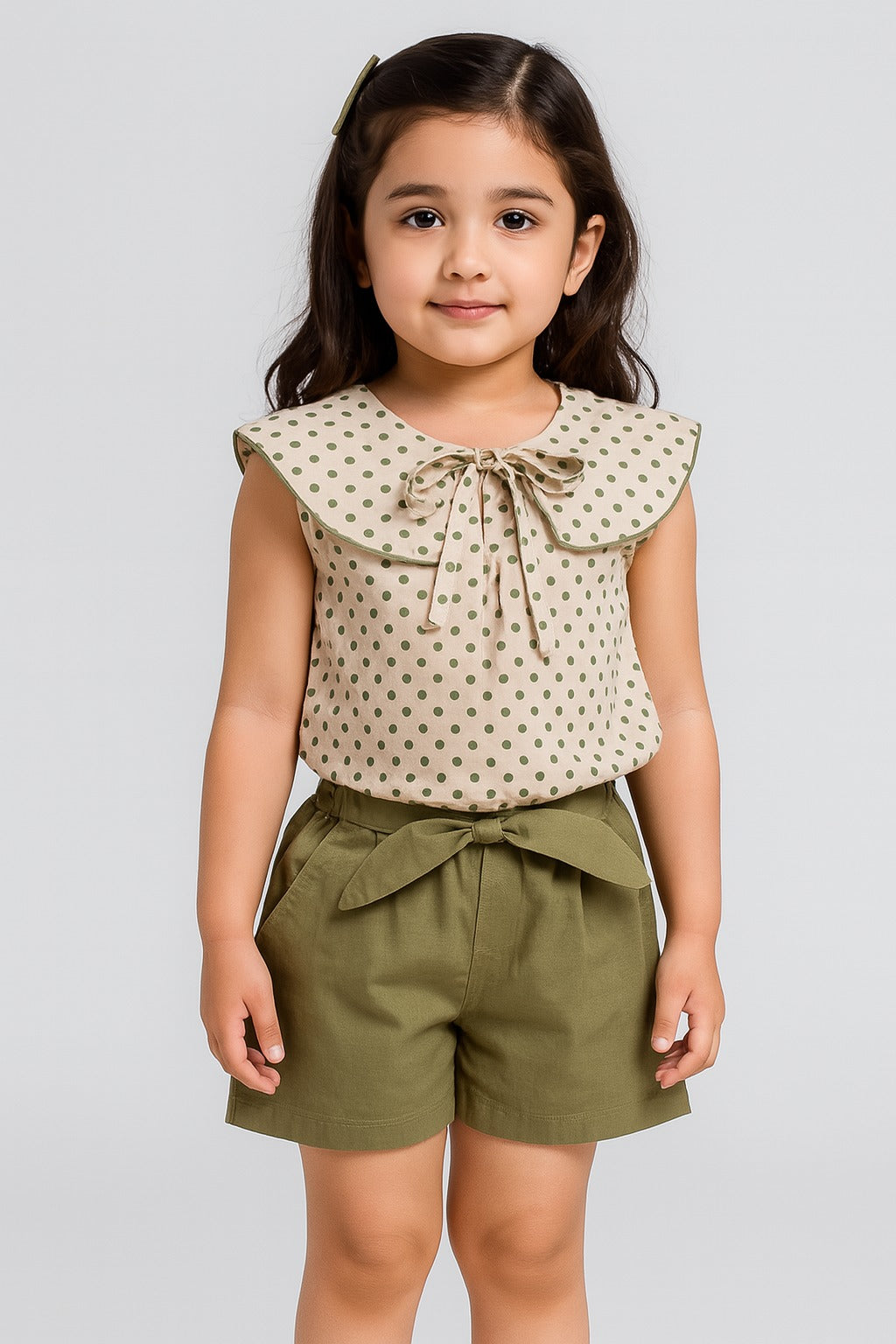Stylish Polka Dot Sleeveless Top and Olive Green Shorts Set for Girls with Ruffle Collar and Waist Bow - Inayah Fashion