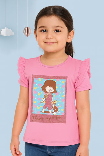 Girls Pink I Love My Kitty Cartoon Print T-Shirt – Soft Cotton Tee with Frill Sleeves