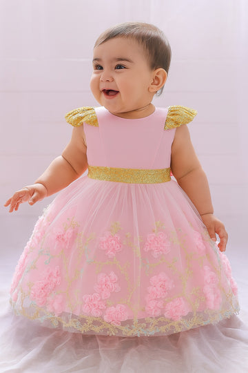 Elegant Pink & Gold Floral Embroidered Baby Frock with 3D Flowers