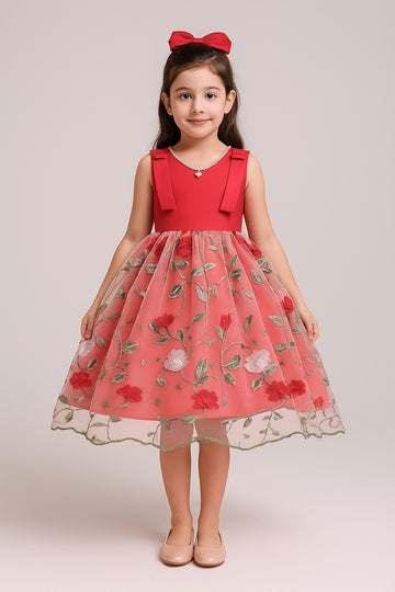 Elegant Pink Floral Embroidered Party Gown for Girls – Sleeveless Net Dress