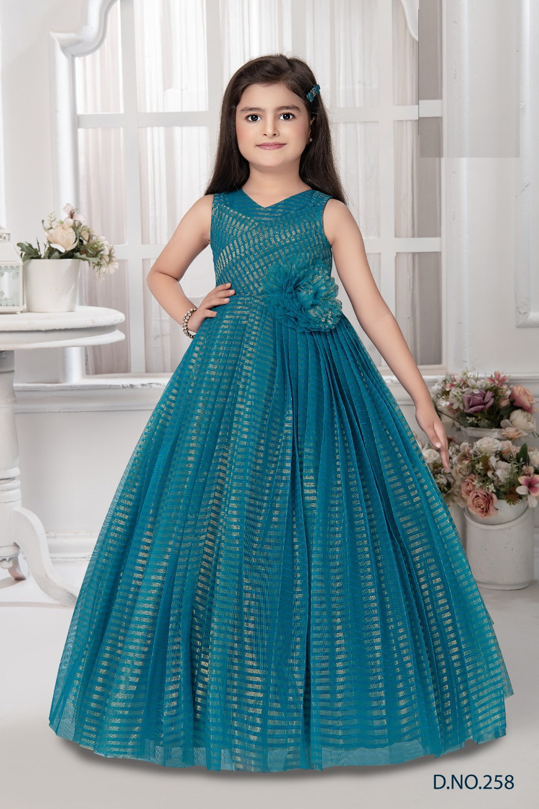 Elegant Striped Sleeveless Party Gown for Girls – Floral Waist Accent Flared Design