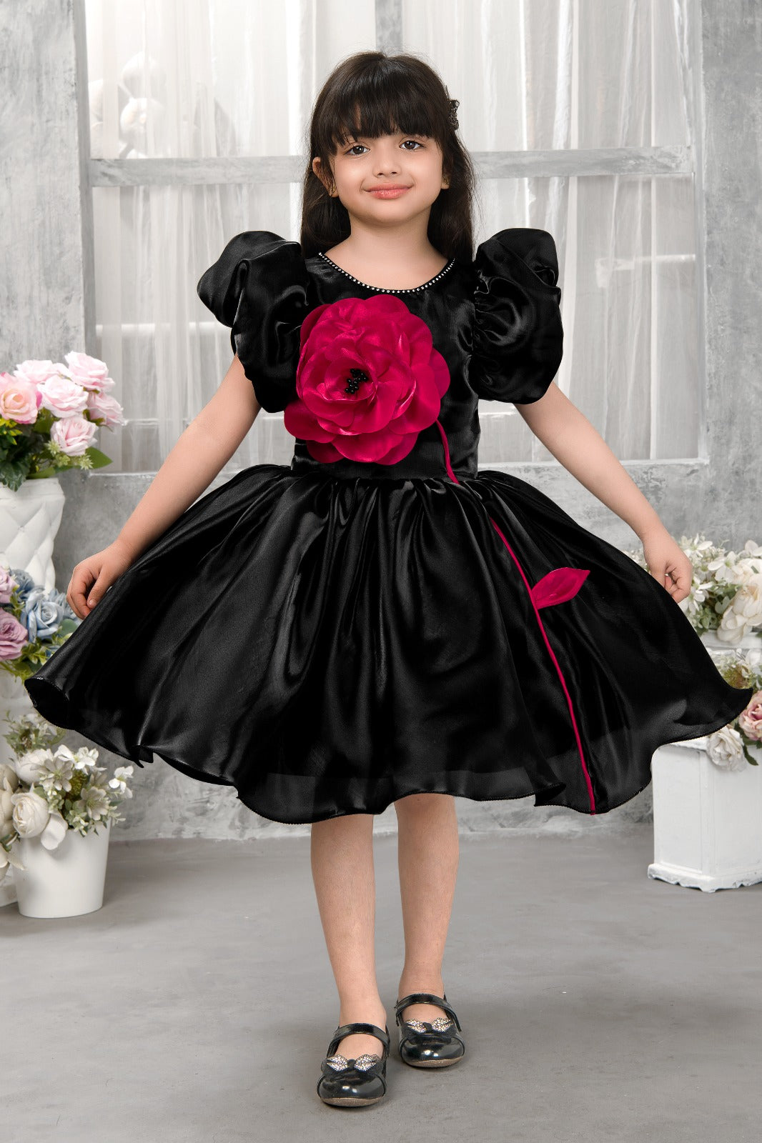 Luxury Black Satin Puff-Sleeve Party Frock for Girls with Oversized 3D Pink Flower - Inayah Fashion