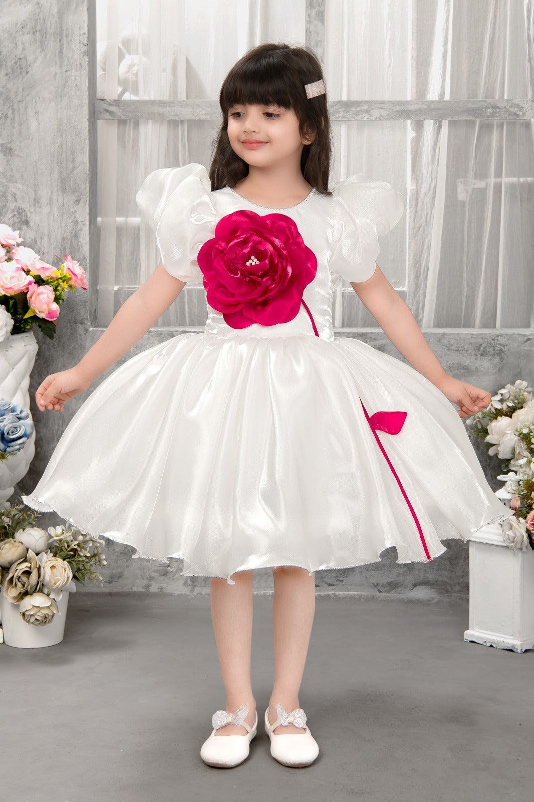 Premium White Satin Puffy Sleeves Party Frock for Girls with 3D Fuchsia Rose Embellishment