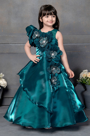Teal Royal Bloom Designer Gown – One-Shoulder Satin Party Dress