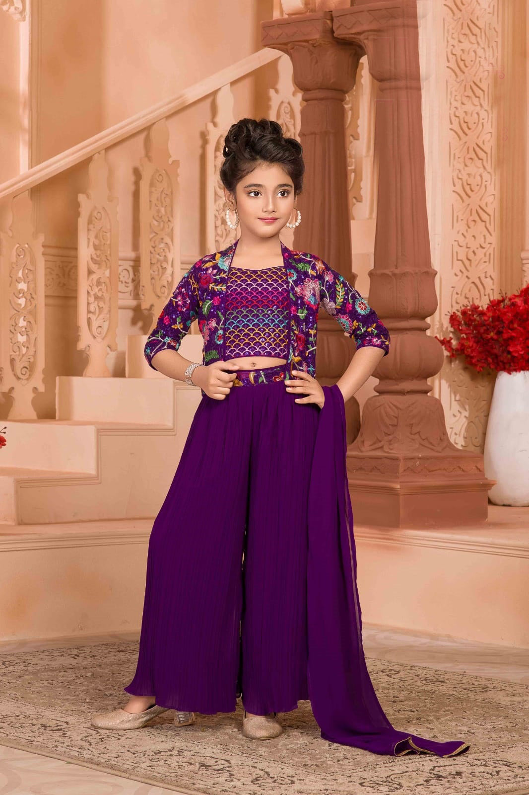 Girls Purple Ethnic Crop Top with Palazzo and Jacket – Inayah Fashion