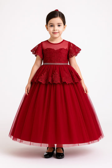 Royal Red Net Gown with Lace Cape and Embellished Waist