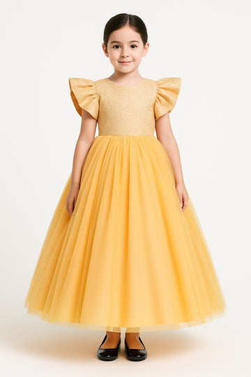Golden Yellow Party Gown for Girls with Glitter Bodice & Flared Tulle Skirt