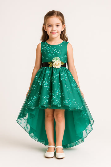 Elegant Emerald Blossom High-Low Party Gown with Floral Appliqué and Satin Belt