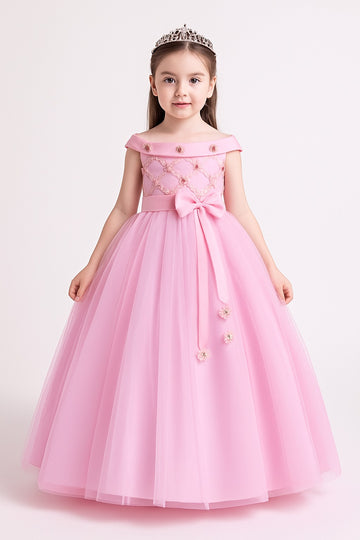 Graceful Pink Off Shoulder Gown for Girls with Satin Bow and Beaded Floral Embellishments