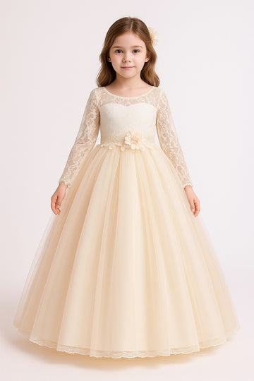 Stunning Full-Length Peach Ball Gown Dress for Girls with Lace Bodice