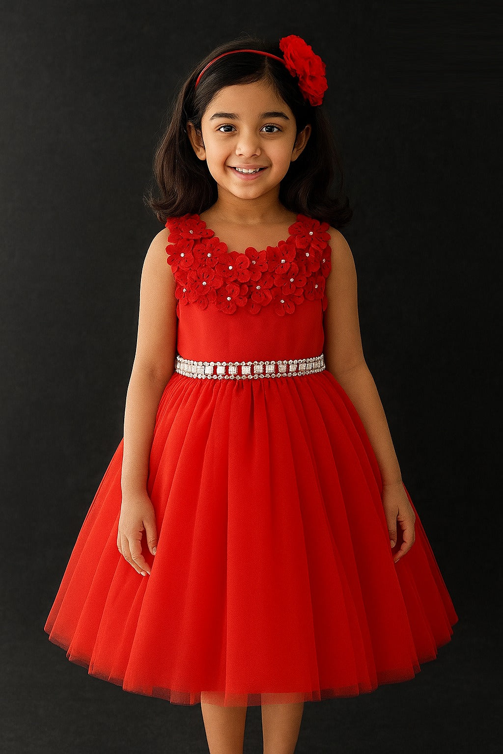 Elegant Red Sleeveless Party Dress for Girls with 3D Flower Neckline and Pearl Waistband - Inayah Fashion