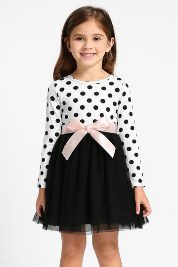 Black & White Polka Dot Party Dress for Girls with Bow – Full Sleeve Winter Frock