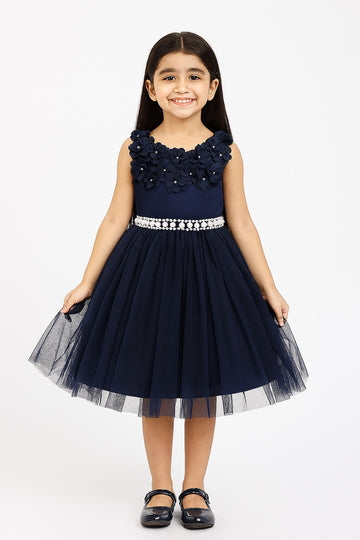 Navy Blue Pearl Belt Party Frock with 3D Floral Bodice