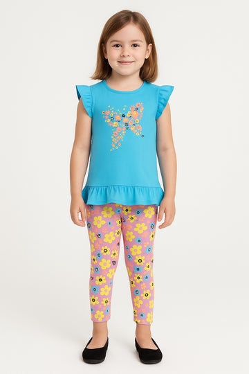 Girls Blue Butterfly Top with Floral Printed Leggings – 2-Piece Cotton Set for Daily Wear