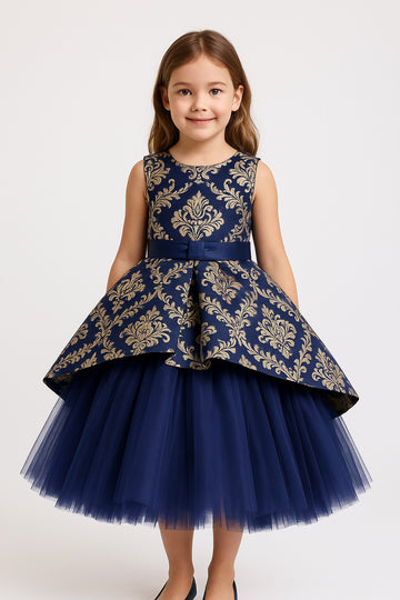 Royal Blue & Gold Brocade High-Low Gown for Girls with Layered Tulle