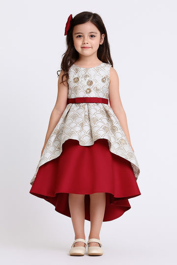 Elegant Maroon & Beige Party Gown for Girls with High-Low Layered Design