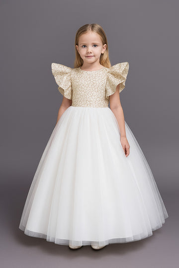 Elegant White Party Gown for Girls with Designer Glitter Bodice & Puffy Sleeves