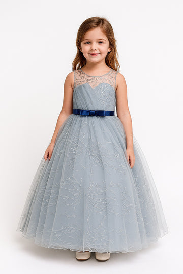 Elegant Grey Ball Gown for Girls – Sleeveless Net Party Frock with Blue Satin Bow Belt