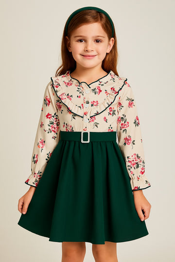 Vintage-Inspired Floral & Forest Green Baby Girl Dress – Full Sleeve Dress