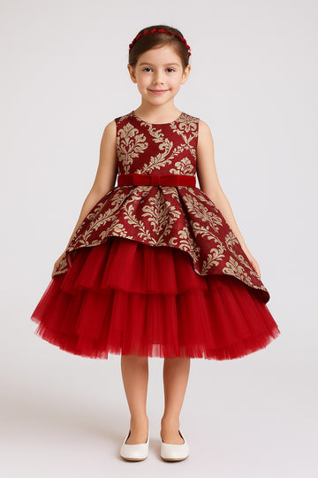 Regal Red Brocade Layered Gown for Girls