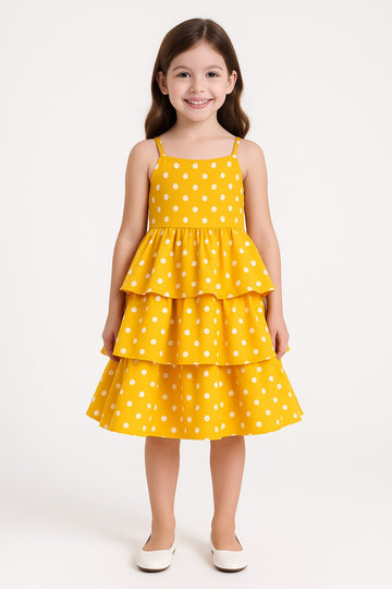 Girls Yellow Polka Dot Dress – Sleeveless Layered Summer Frock with Straps