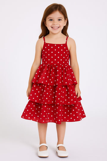 Red Polka Dot Layered Dress for Girls – Sleeveless Ruffle Party Frock