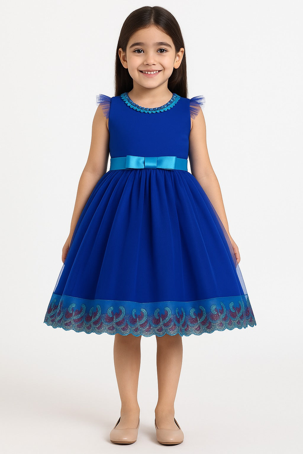 Girls Royal Blue Party Wear Frock with Beaded Neckline and Embroidered Hem - Inayah Fashion