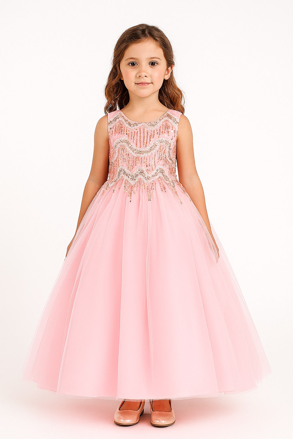 Elegant Pink Sleeveless Gown for Girls with Sequin Embellished Bodice and Flowing Net Skirt - Inayah Fashion