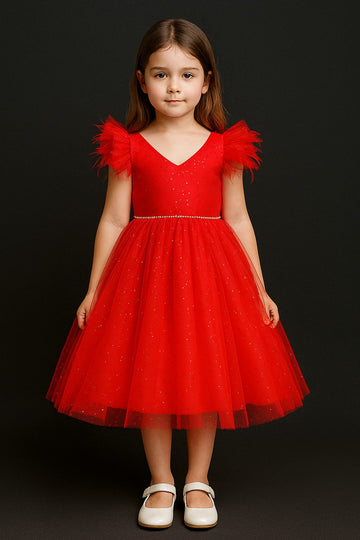 Gorgeous Red Party Dress for Girls with Puff Sleeves Glitter Net and Pearl Waist
