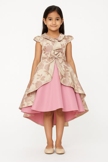 Floral Patterned High-Low Party Dress for Girls in Pink & Beige