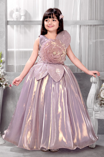 Lavender Iridescent Flower Appliqué Ball Gown for Girls – Shimmer Organza Princess Dress with 3D Floral Petal Design