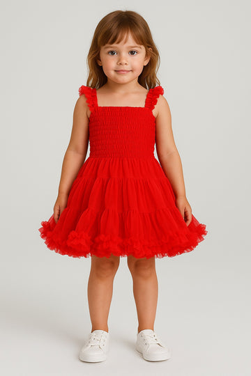Bright Red Frill Net Party Dress for Baby Girls – Sleeveless & Stretchable