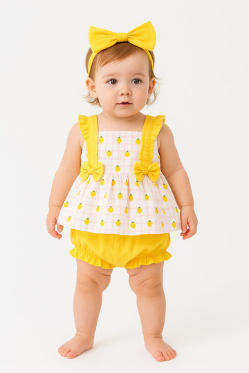 Cute Lemon Print Baby Girl Set with Matching Headband – Sleeveless Summer Top & Bloomers – Lightweight Cotton Outfit