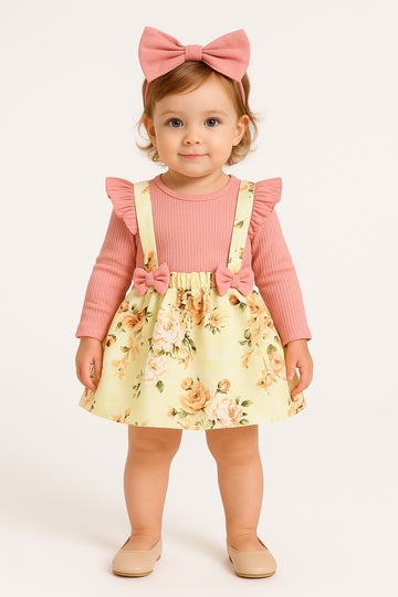 Adorable Pink Ruffle Top and Floral Suspender Skirt Set for Girls