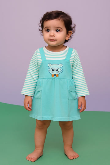 Cool Bear Embroidered Baby Girl Dress – Long Sleeve Striped Inner with Dungaree-Style